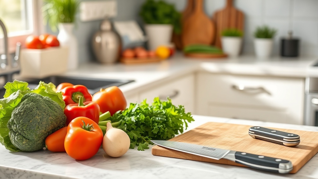 Organized kitchen countertop with fresh ingredients for meal prep