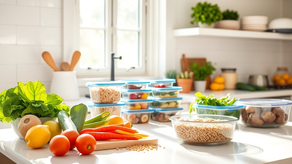 Bright kitchen with fresh ingredients and meal prep containers