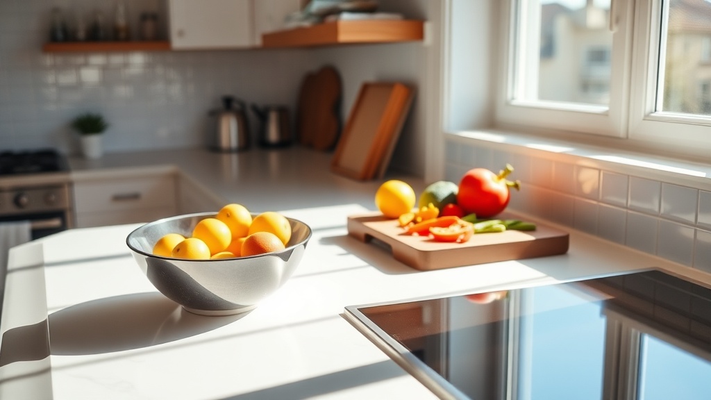 Bright kitchen with organized countertop and fresh ingredients for breakfast