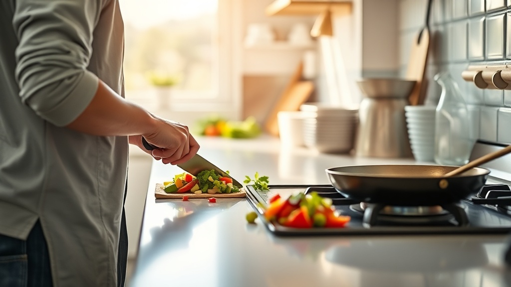 Person preparing ingredients for a breakfast burrito in a clean kitchen