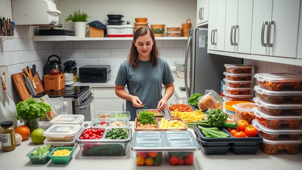 Student meal prepping in a college kitchen