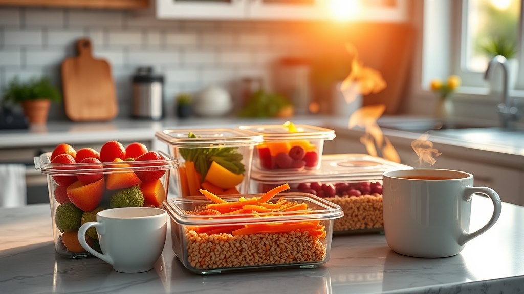 Bright kitchen with meal prep containers and coffee at sunrise