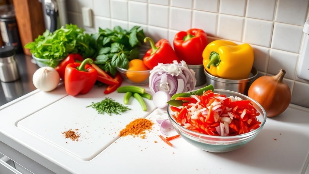 Organized kitchen countertop with fresh ingredients for fajita bowls