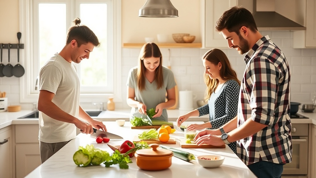Family cooking together in a bright kitchen