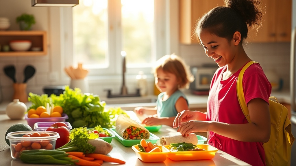 Parent and child preparing healthy school lunches in a bright kitchen