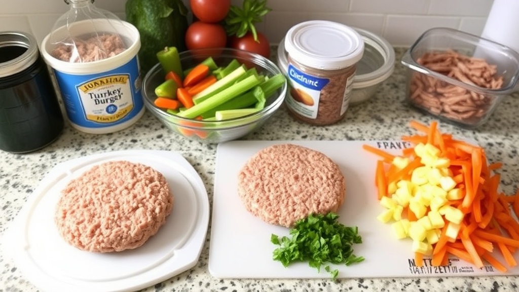 Organized kitchen countertop with ingredients for turkey burgers