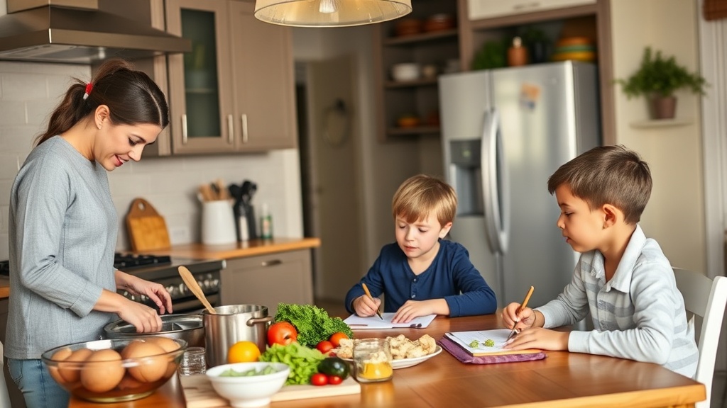 A parent cooking in a kitchen while children do homework at the table