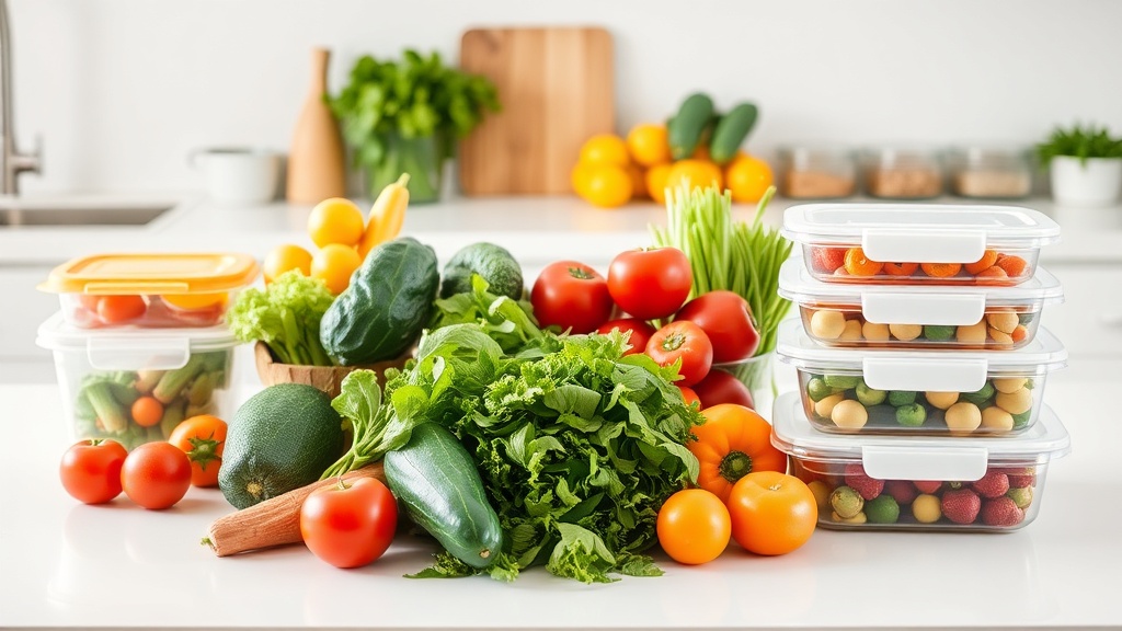 Organized kitchen countertop with fresh ingredients for meal prep