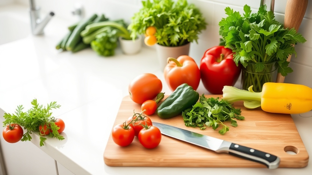 Organized kitchen countertop with fresh ingredients for meal prep