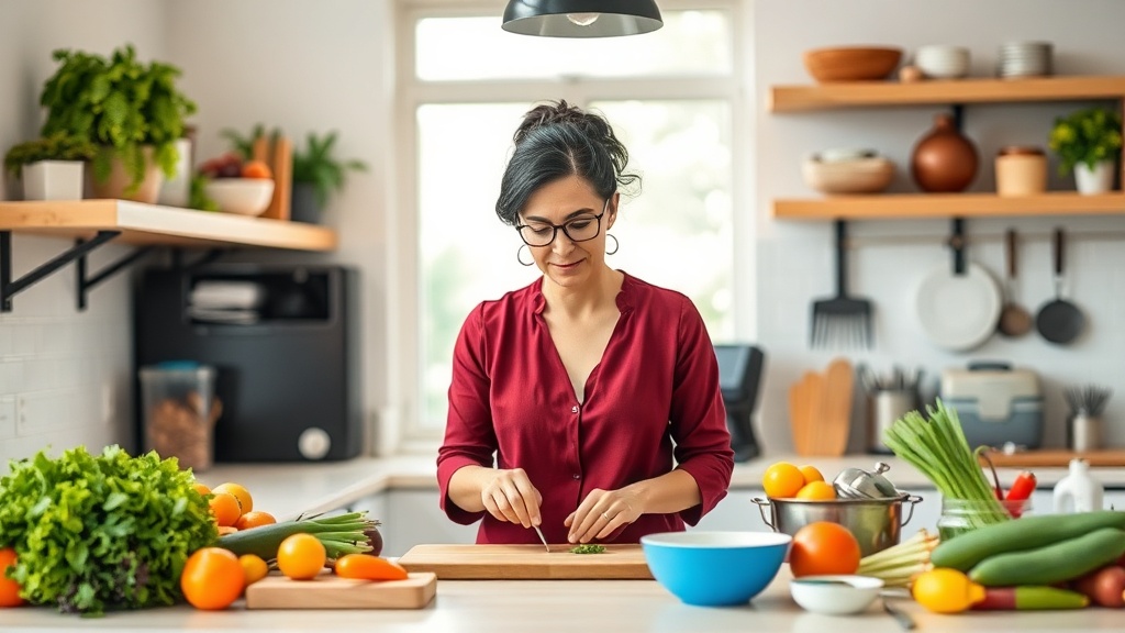 Teacher meal prepping in a bright kitchen