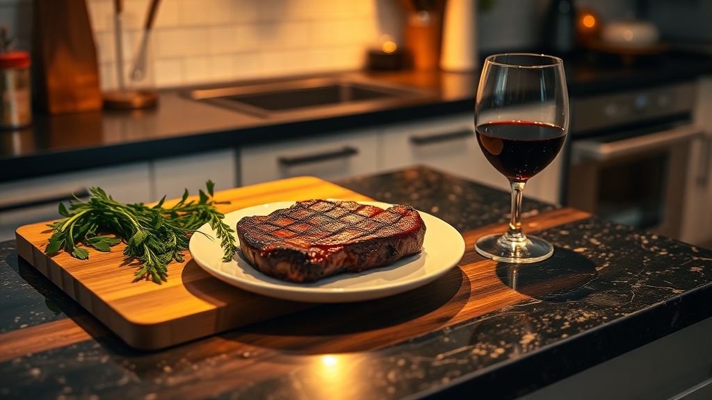A cozy kitchen scene featuring a seared steak, fresh herbs, and a glass of red wine on a cutting board.