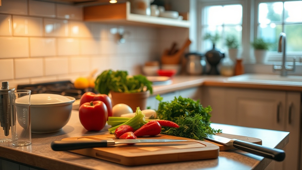 Cozy kitchen with organized prep surface and fresh ingredients