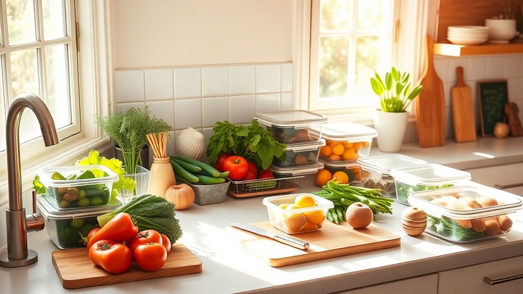 Bright kitchen with organized meal prep area and fresh ingredients