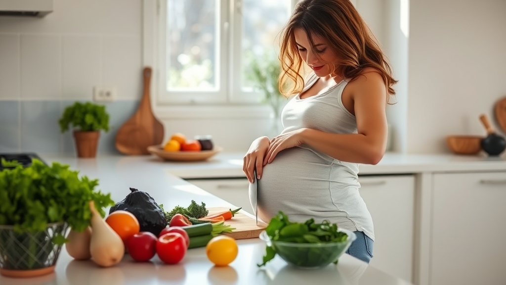 Pregnant woman preparing a healthy meal in a bright kitchen