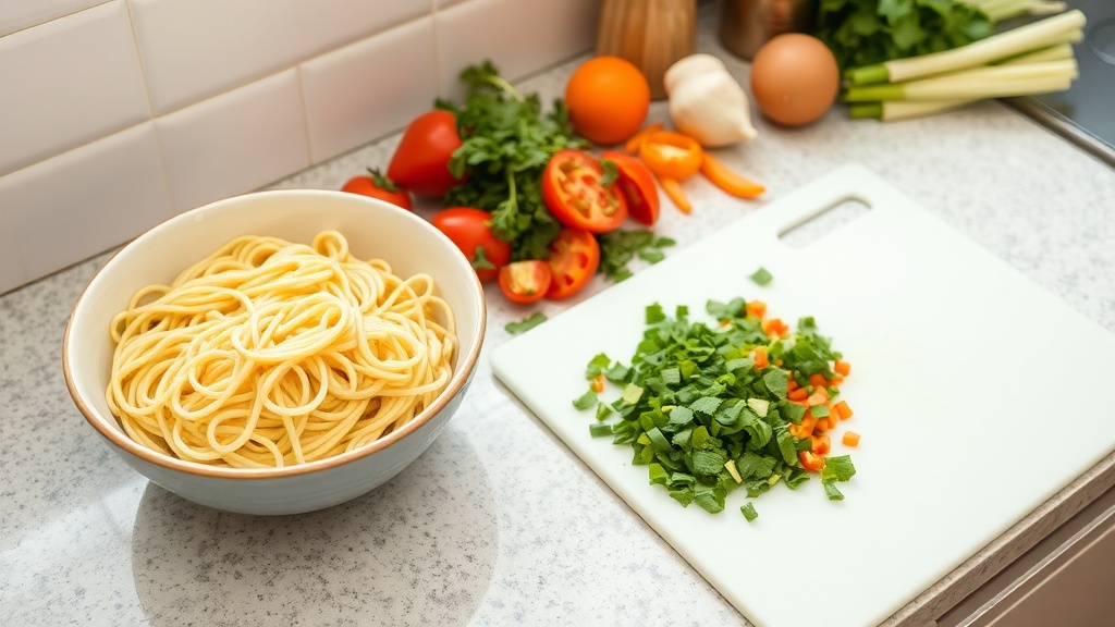 Organized kitchen countertop with fresh noodles and vegetables for meal prep