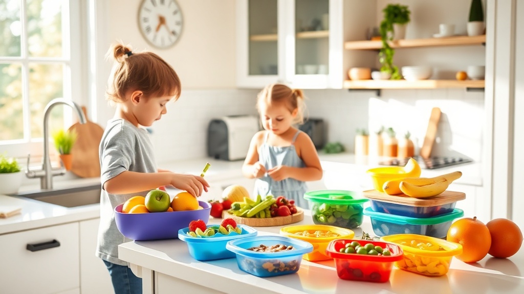 A parent preparing healthy meals for a toddler in a bright kitchen