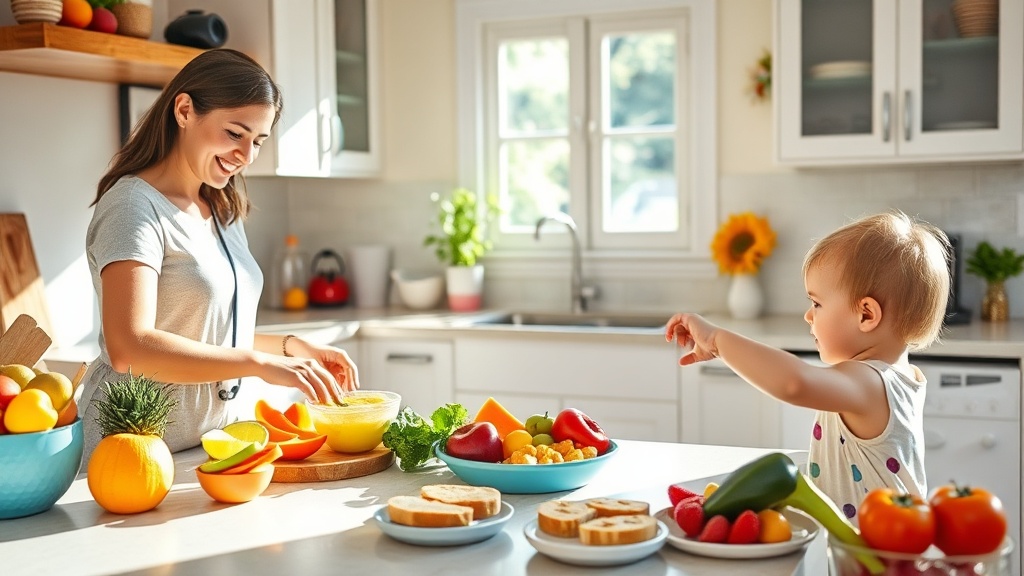 Parent preparing a colorful toddler lunch in a bright kitchen
