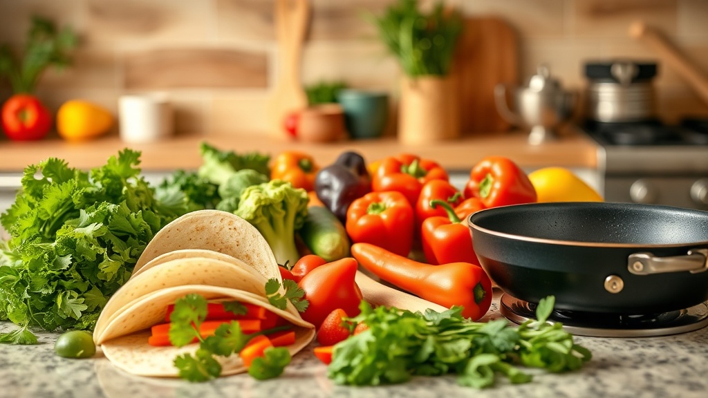 Kitchen countertop with fresh ingredients for meal prep