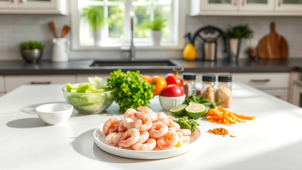 Bright kitchen with organized shrimp meal prep ingredients