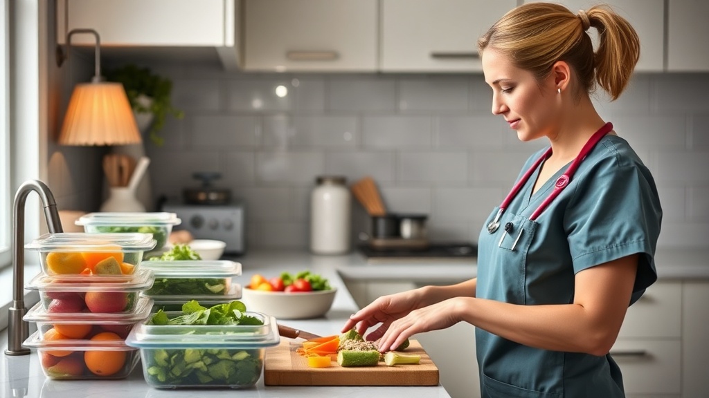 Nurse preparing a healthy meal in an organized kitchen
