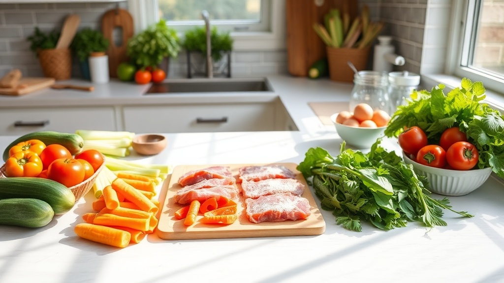 Organized kitchen countertop with fresh ingredients for meal prep