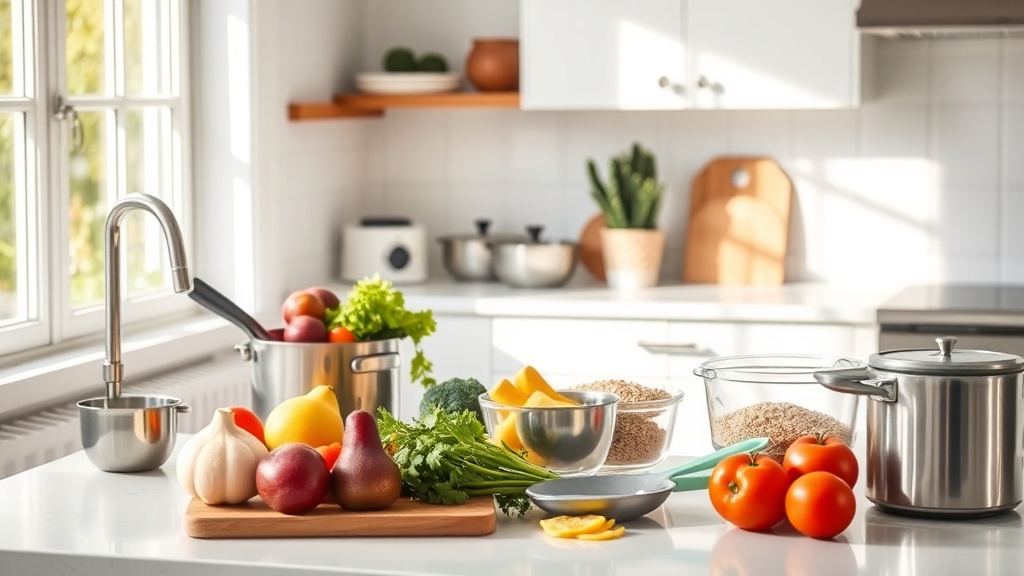 Bright kitchen with fresh ingredients for healthy breakfast meal prep