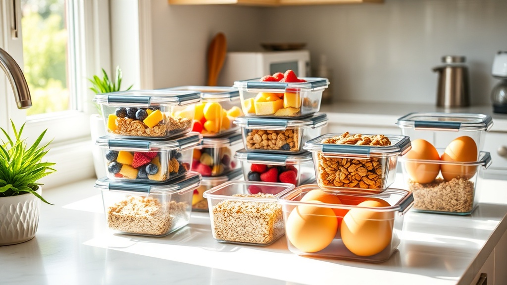 Bright kitchen with organized meal prep containers and healthy breakfast ingredients
