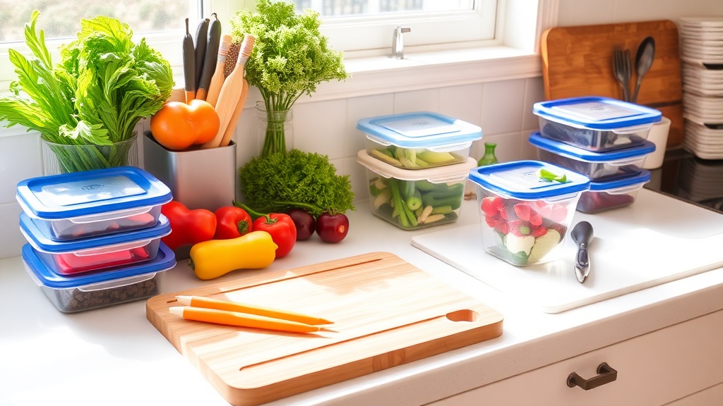Organized kitchen countertop with fresh ingredients for meal prep