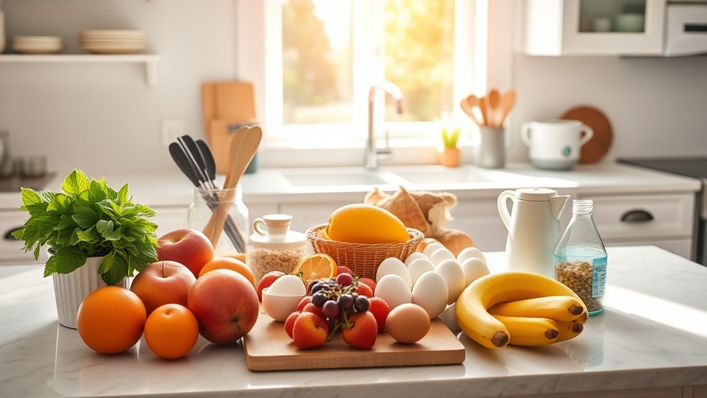 Bright kitchen with fresh breakfast ingredients on a clean countertop