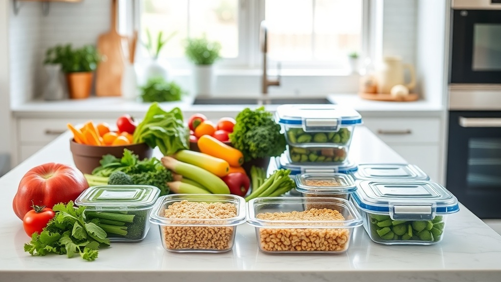 Bright kitchen with fresh vegetables and meal prep containers