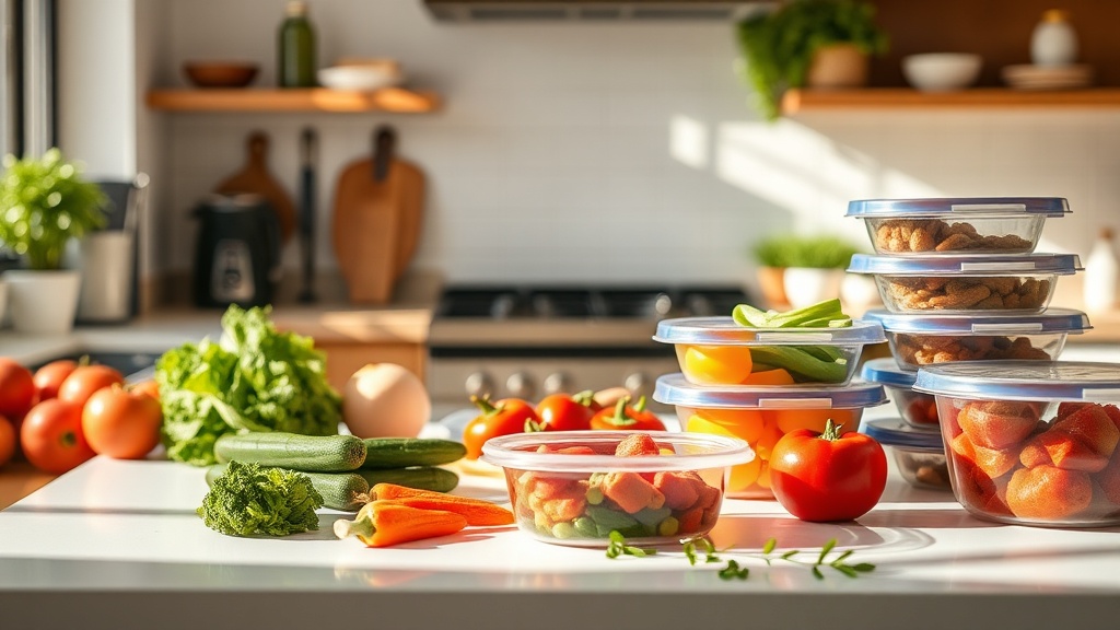 A clean kitchen with fresh ingredients and meal prep containers