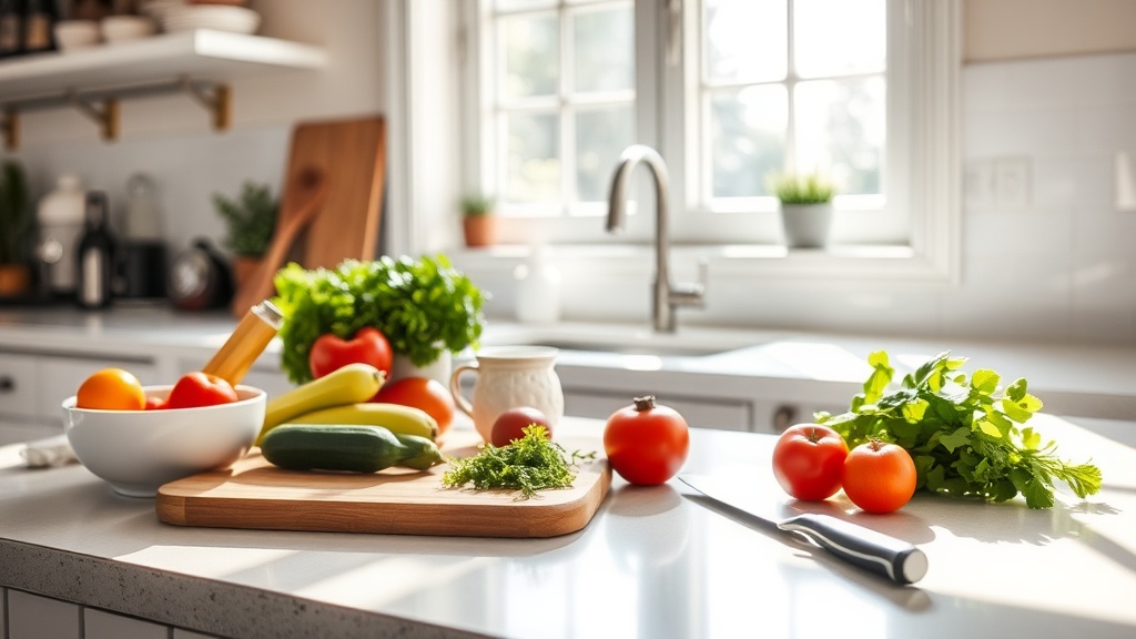 A clean and organized kitchen countertop ready for meal prep with fresh ingredients.