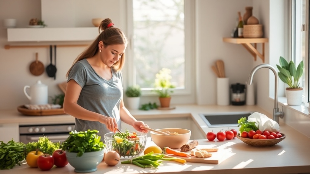 New parent preparing a healthy meal in a bright, organized kitchen