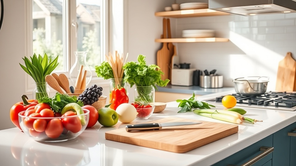 Organized kitchen countertop with fresh ingredients and meal prep tools
