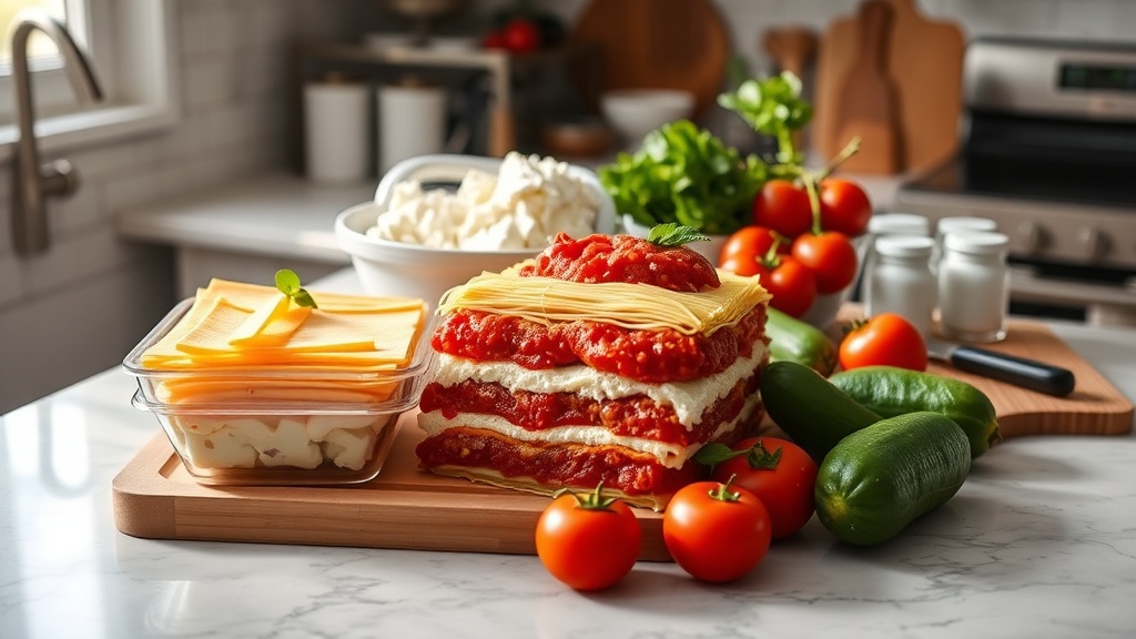 Organized kitchen countertop with ingredients for lasagna preparation