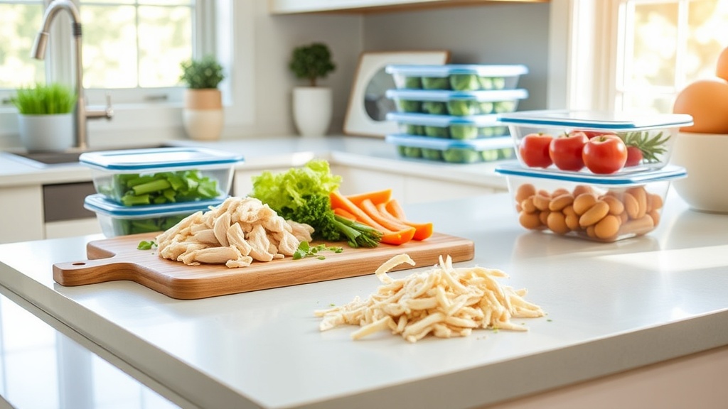 Kitchen scene with rotisserie chicken and meal prep ingredients