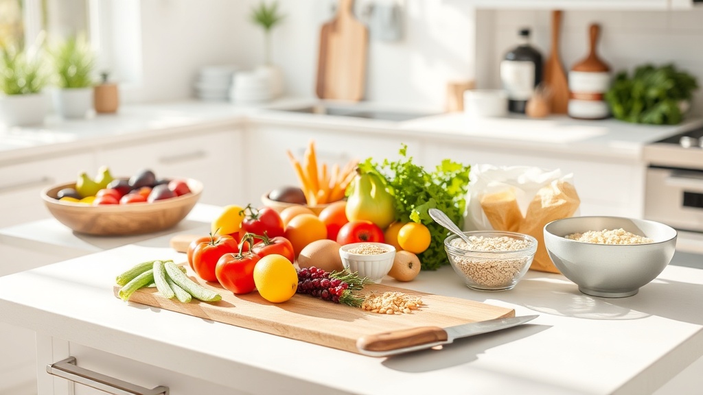 Organized kitchen countertop with fresh ingredients and meal prep tools