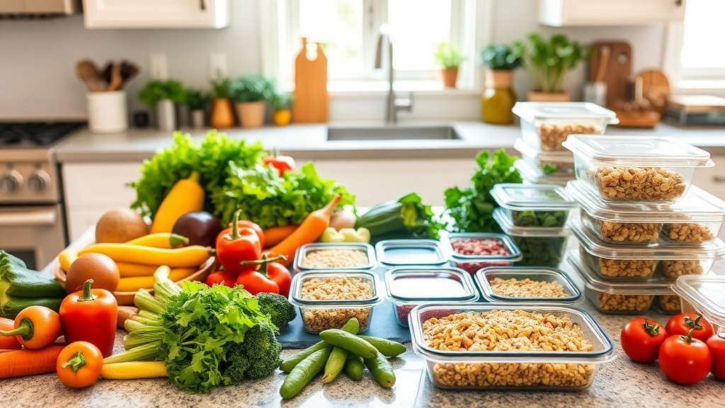 Organized kitchen countertop with fresh ingredients for meal prepping
