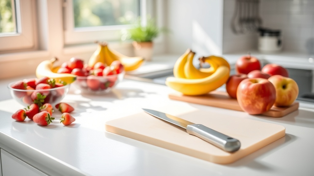 Bright kitchen scene with fresh fruits and a cutting board