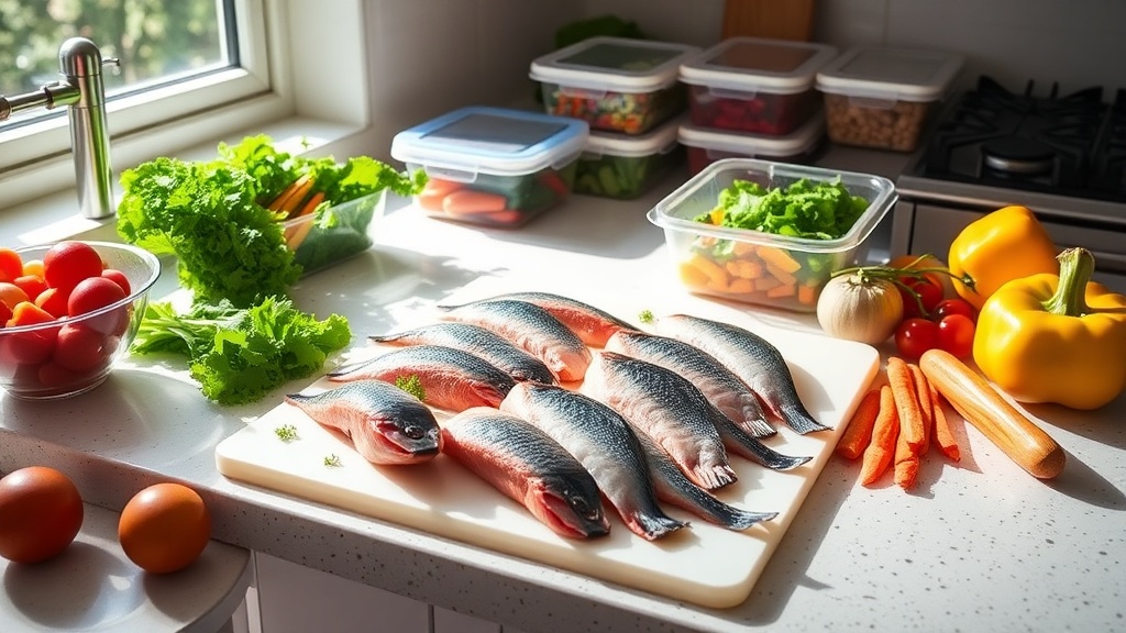 Fresh fish fillets on a cutting board with vegetables and meal prep containers in a bright kitchen