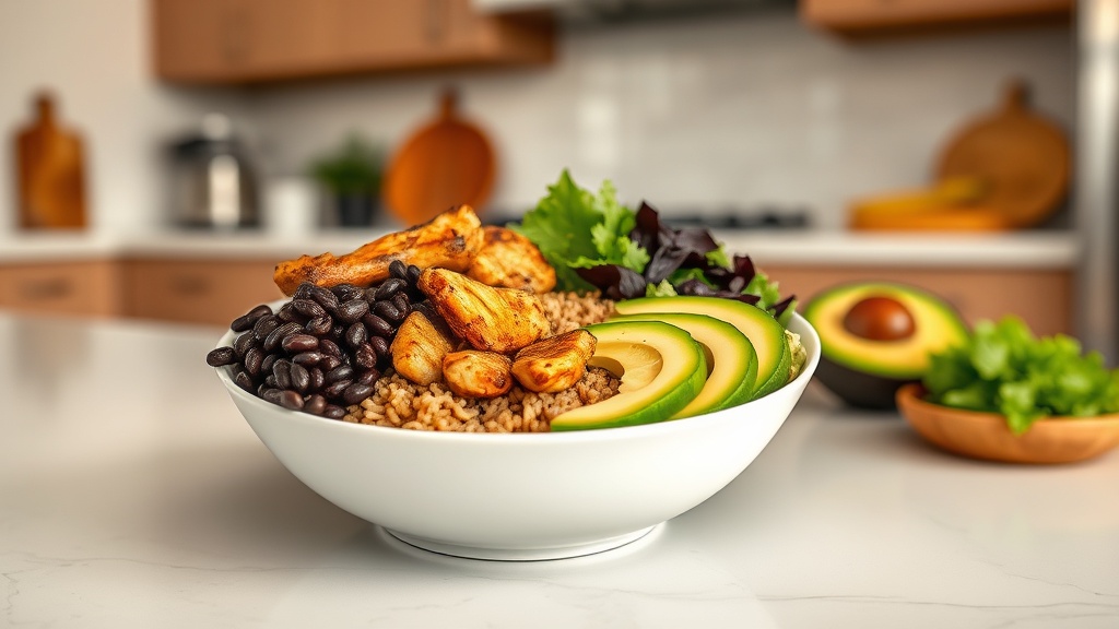 Chipotle-inspired meal prep bowl with fresh ingredients on a kitchen countertop