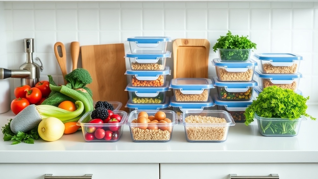 Organized kitchen countertop with fresh ingredients for meal prep