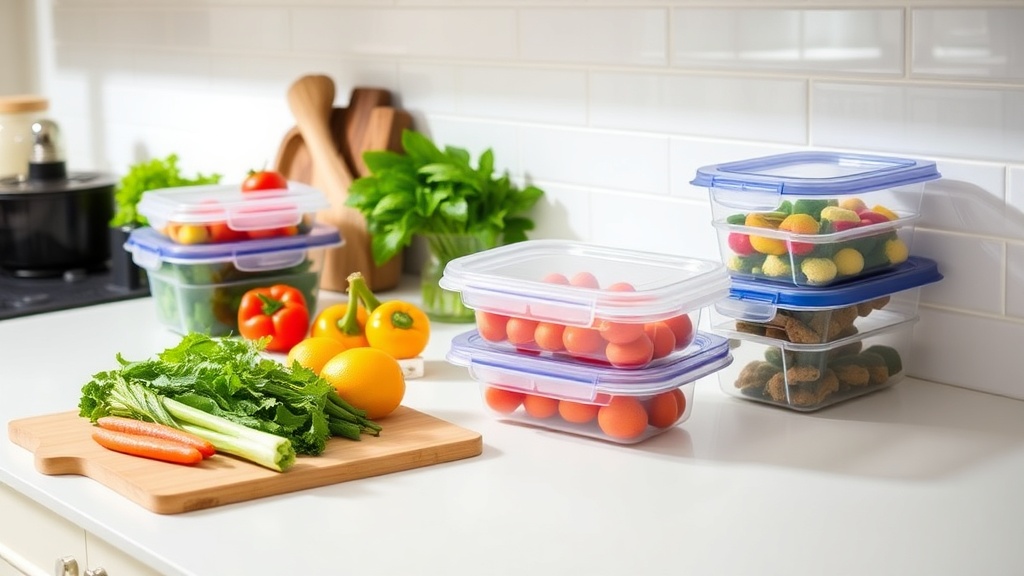 Organized kitchen countertop with fresh ingredients for meal prep