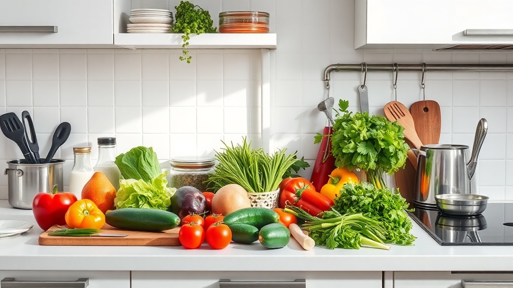 Organized kitchen countertop with fresh ingredients for meal prep