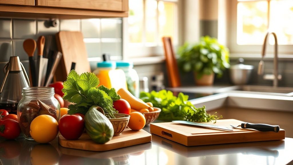 Organized kitchen countertop with fresh ingredients and a clean prep surface