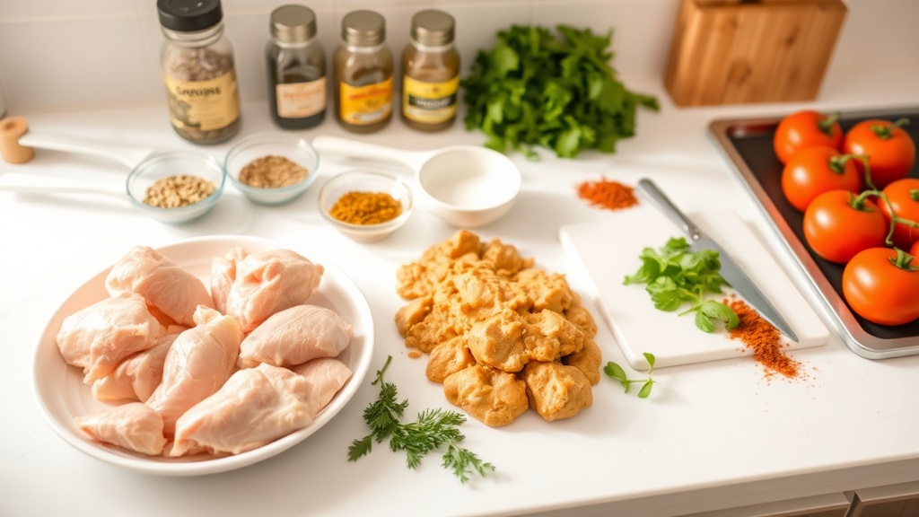 Organized kitchen countertop with butter chicken ingredients
