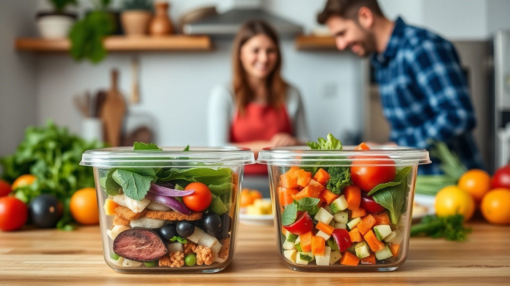 Couple meal prepping together in a cozy kitchen