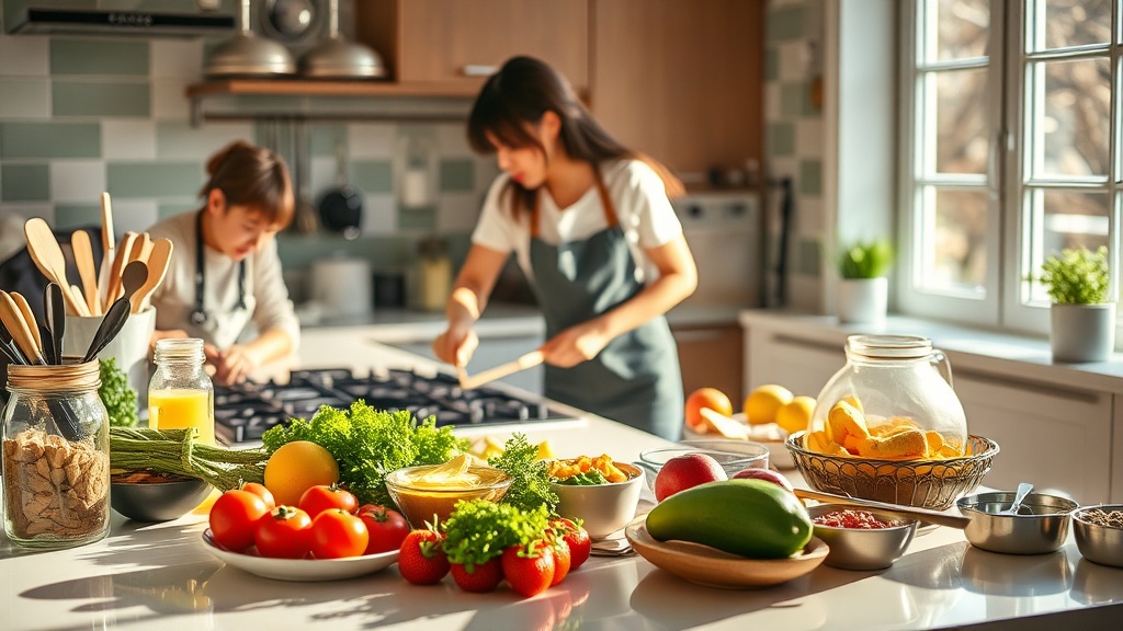 A person preparing a healthy breakfast in a bright, busy kitchen