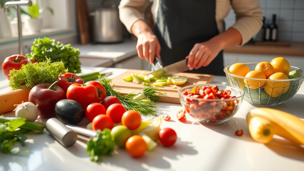 Sunlit kitchen with fresh ingredients and a person preparing a meal