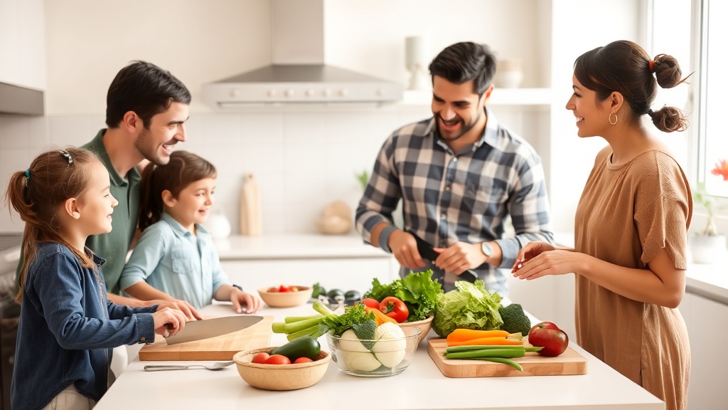 Family cooking together in a bright, organized kitchen